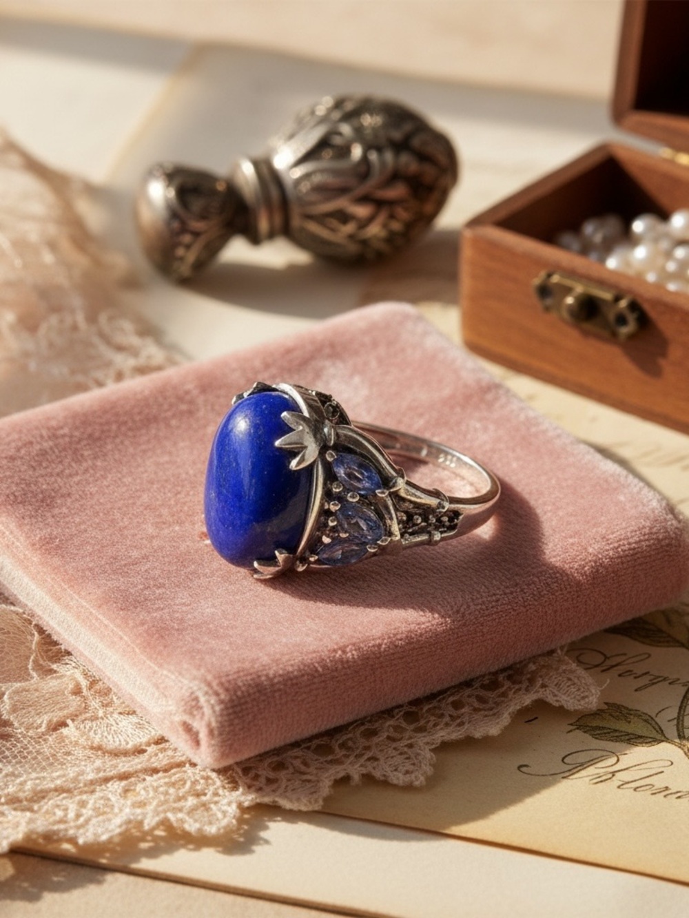 Blue Lapis Statement Ring - Sterling silver stamped & signed size 6